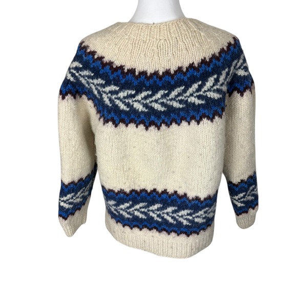 Ecuador Wool Cardigan Sweater Cream Blue Handknit Nordic Button Front Women L - Picture 2 of 7